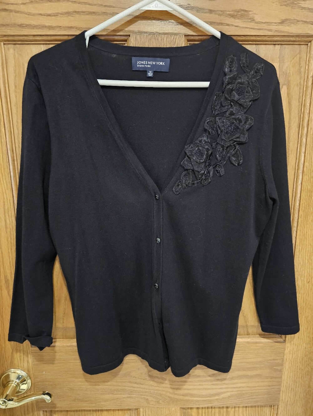 Jones New York Black Floral-Appliqué V-Neck Cardigan